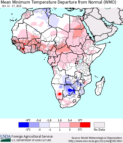 Africa Mean Minimum Temperature Departure from Normal (WMO) Thematic Map For 10/11/2021 - 10/17/2021
