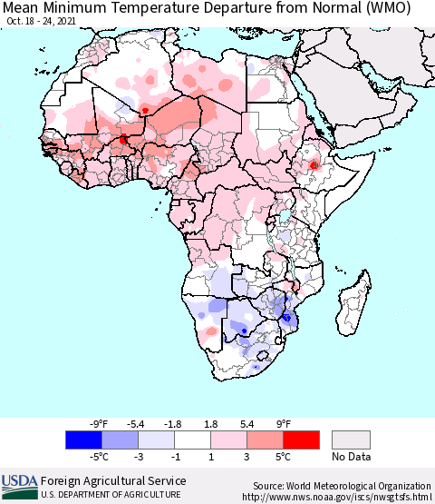 Africa Mean Minimum Temperature Departure from Normal (WMO) Thematic Map For 10/18/2021 - 10/24/2021