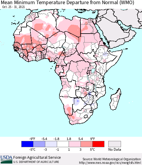 Africa Mean Minimum Temperature Departure from Normal (WMO) Thematic Map For 10/25/2021 - 10/31/2021