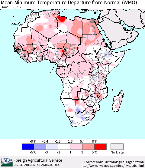 Africa Mean Minimum Temperature Departure from Normal (WMO) Thematic Map For 11/1/2021 - 11/7/2021