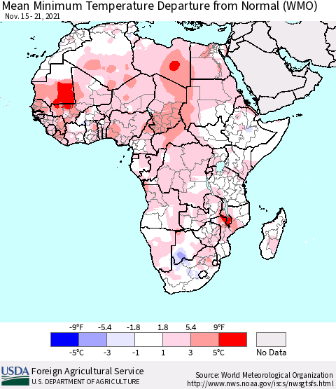 Africa Mean Minimum Temperature Departure from Normal (WMO) Thematic Map For 11/15/2021 - 11/21/2021