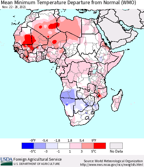 Africa Mean Minimum Temperature Departure from Normal (WMO) Thematic Map For 11/22/2021 - 11/28/2021