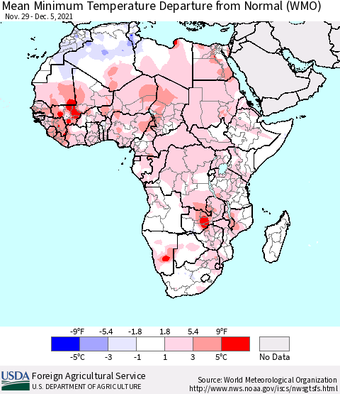 Africa Mean Minimum Temperature Departure from Normal (WMO) Thematic Map For 11/29/2021 - 12/5/2021