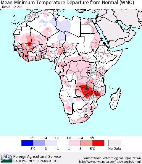Africa Mean Minimum Temperature Departure from Normal (WMO) Thematic Map For 12/6/2021 - 12/12/2021