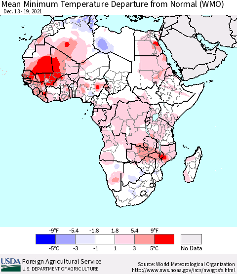 Africa Mean Minimum Temperature Departure from Normal (WMO) Thematic Map For 12/13/2021 - 12/19/2021