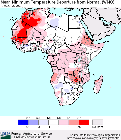 Africa Mean Minimum Temperature Departure from Normal (WMO) Thematic Map For 12/20/2021 - 12/26/2021