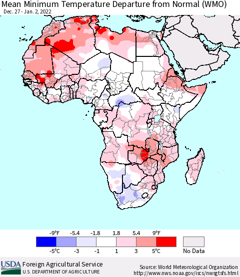 Africa Mean Minimum Temperature Departure from Normal (WMO) Thematic Map For 12/27/2021 - 1/2/2022