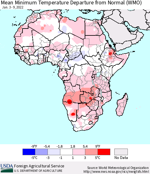 Africa Mean Minimum Temperature Departure from Normal (WMO) Thematic Map For 1/3/2022 - 1/9/2022