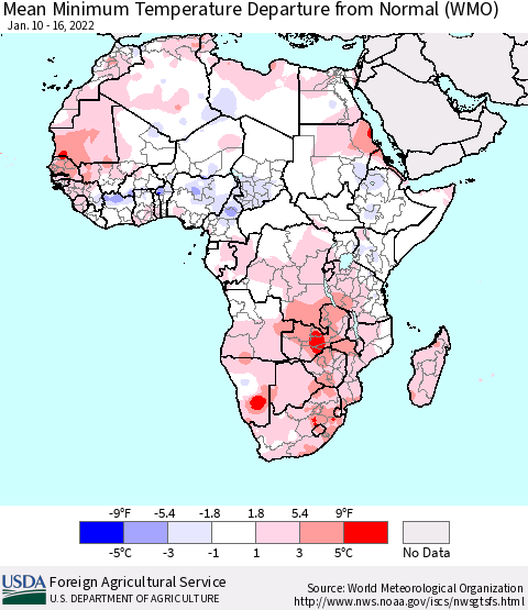 Africa Mean Minimum Temperature Departure from Normal (WMO) Thematic Map For 1/10/2022 - 1/16/2022