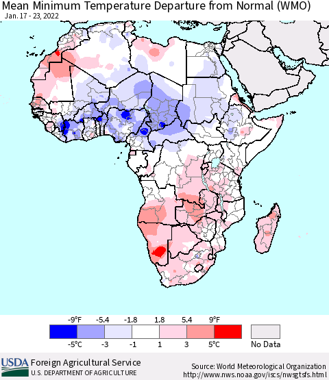 Africa Mean Minimum Temperature Departure from Normal (WMO) Thematic Map For 1/17/2022 - 1/23/2022