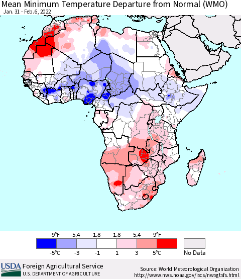 Africa Mean Minimum Temperature Departure from Normal (WMO) Thematic Map For 1/31/2022 - 2/6/2022
