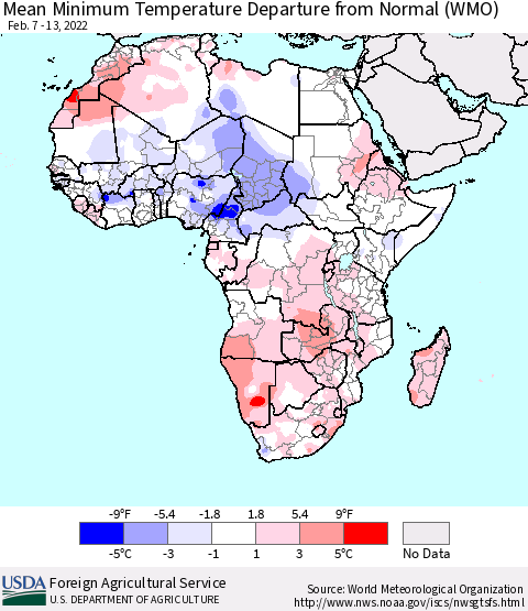 Africa Mean Minimum Temperature Departure from Normal (WMO) Thematic Map For 2/7/2022 - 2/13/2022