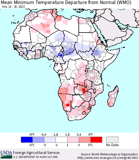Africa Mean Minimum Temperature Departure from Normal (WMO) Thematic Map For 2/14/2022 - 2/20/2022