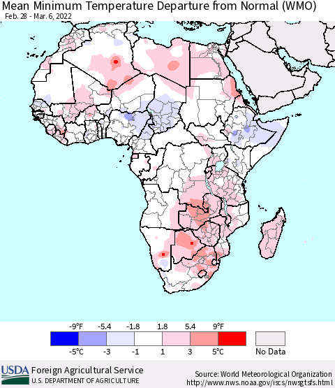 Africa Mean Minimum Temperature Departure from Normal (WMO) Thematic Map For 2/28/2022 - 3/6/2022