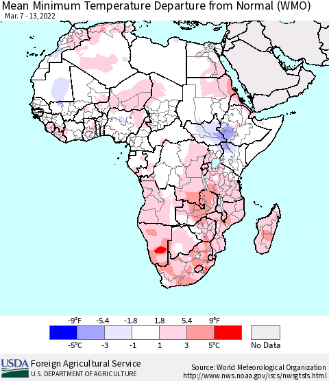 Africa Mean Minimum Temperature Departure from Normal (WMO) Thematic Map For 3/7/2022 - 3/13/2022