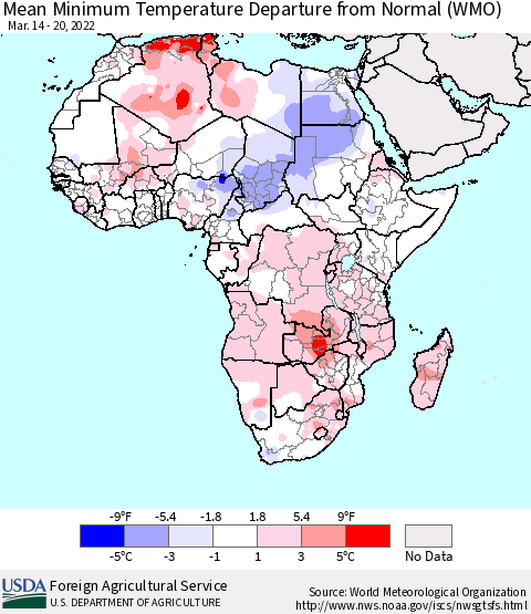 Africa Mean Minimum Temperature Departure from Normal (WMO) Thematic Map For 3/14/2022 - 3/20/2022