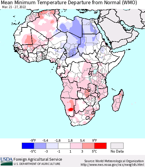 Africa Mean Minimum Temperature Departure from Normal (WMO) Thematic Map For 3/21/2022 - 3/27/2022