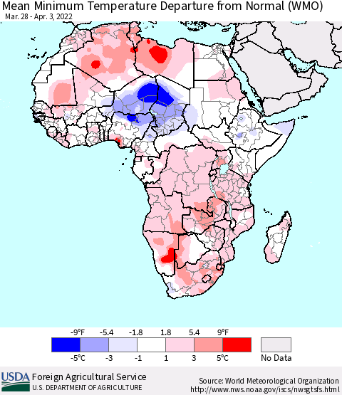 Africa Mean Minimum Temperature Departure from Normal (WMO) Thematic Map For 3/28/2022 - 4/3/2022