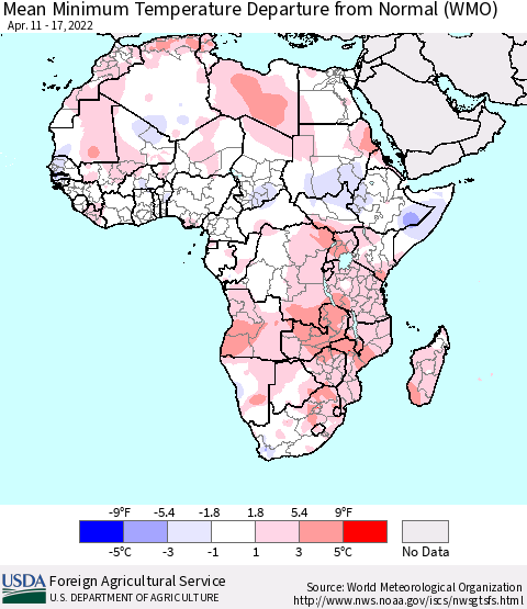 Africa Mean Minimum Temperature Departure from Normal (WMO) Thematic Map For 4/11/2022 - 4/17/2022