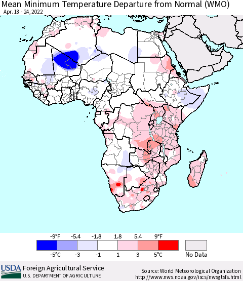 Africa Mean Minimum Temperature Departure from Normal (WMO) Thematic Map For 4/18/2022 - 4/24/2022