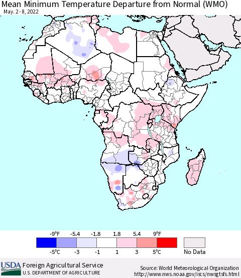 Africa Mean Minimum Temperature Departure from Normal (WMO) Thematic Map For 5/2/2022 - 5/8/2022