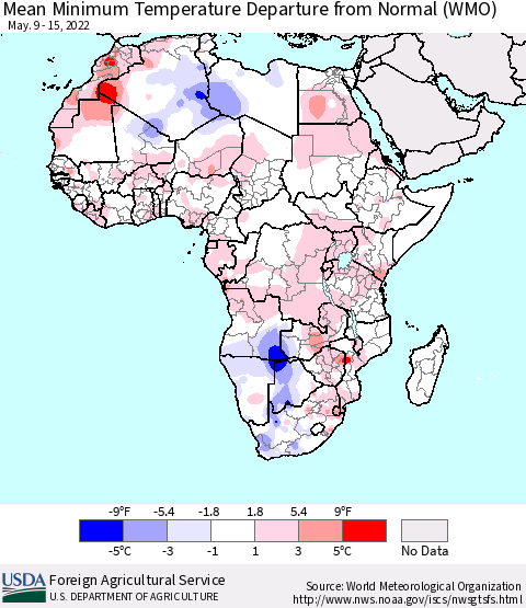 Africa Mean Minimum Temperature Departure from Normal (WMO) Thematic Map For 5/9/2022 - 5/15/2022