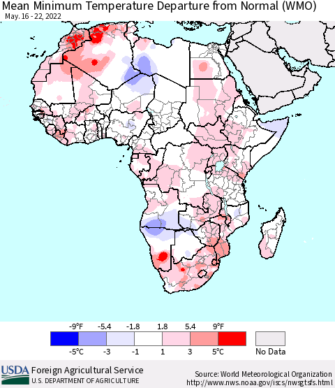 Africa Mean Minimum Temperature Departure from Normal (WMO) Thematic Map For 5/16/2022 - 5/22/2022