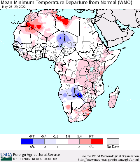 Africa Mean Minimum Temperature Departure from Normal (WMO) Thematic Map For 5/23/2022 - 5/29/2022
