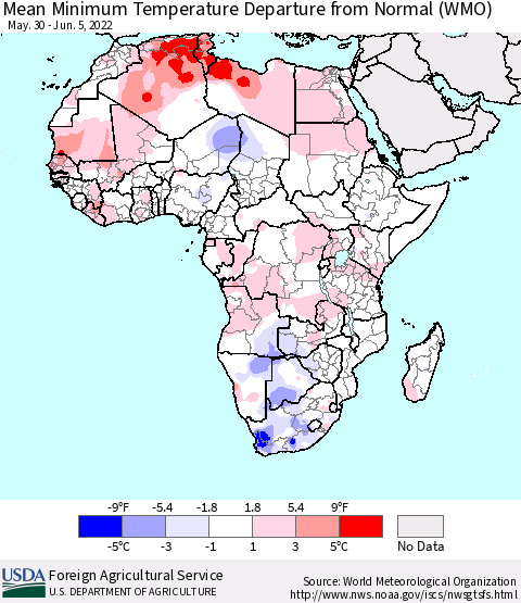 Africa Mean Minimum Temperature Departure from Normal (WMO) Thematic Map For 5/30/2022 - 6/5/2022