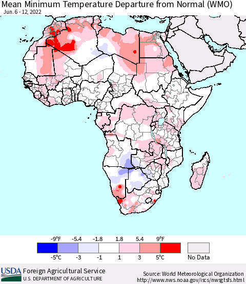 Africa Mean Minimum Temperature Departure from Normal (WMO) Thematic Map For 6/6/2022 - 6/12/2022