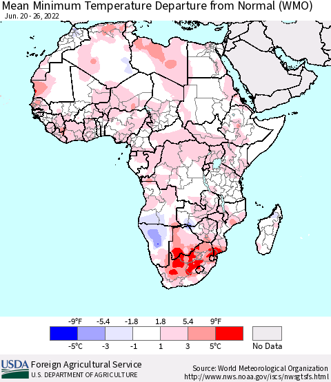 Africa Mean Minimum Temperature Departure from Normal (WMO) Thematic Map For 6/20/2022 - 6/26/2022