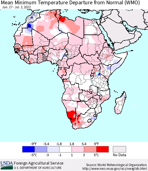 Africa Mean Minimum Temperature Departure from Normal (WMO) Thematic Map For 6/27/2022 - 7/3/2022