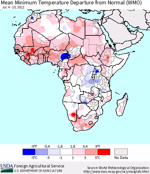 Africa Mean Minimum Temperature Departure from Normal (WMO) Thematic Map For 7/4/2022 - 7/10/2022
