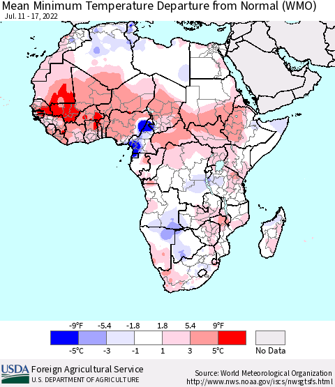 Africa Mean Minimum Temperature Departure from Normal (WMO) Thematic Map For 7/11/2022 - 7/17/2022