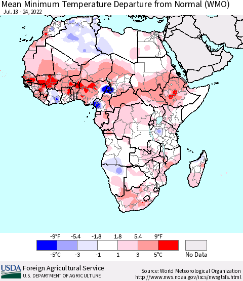 Africa Mean Minimum Temperature Departure from Normal (WMO) Thematic Map For 7/18/2022 - 7/24/2022