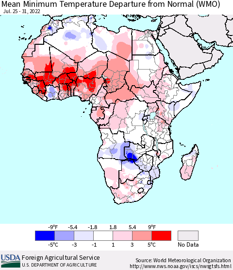 Africa Mean Minimum Temperature Departure from Normal (WMO) Thematic Map For 7/25/2022 - 7/31/2022
