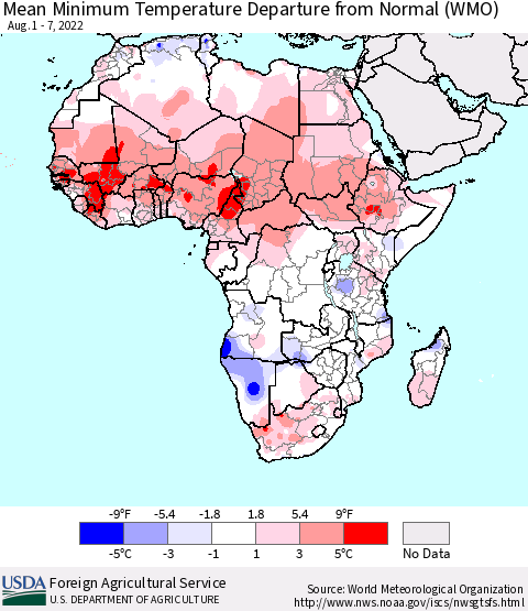 Africa Mean Minimum Temperature Departure from Normal (WMO) Thematic Map For 8/1/2022 - 8/7/2022