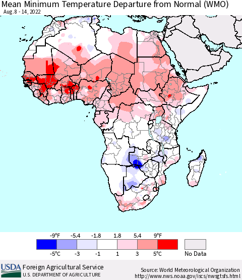 Africa Mean Minimum Temperature Departure from Normal (WMO) Thematic Map For 8/8/2022 - 8/14/2022