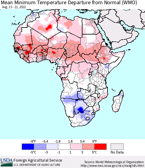 Africa Mean Minimum Temperature Departure from Normal (WMO) Thematic Map For 8/15/2022 - 8/21/2022
