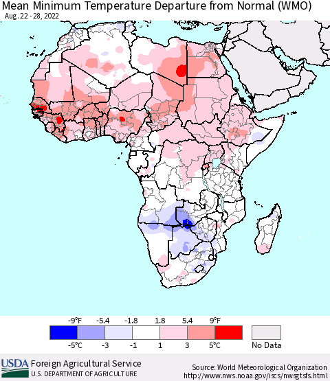 Africa Mean Minimum Temperature Departure from Normal (WMO) Thematic Map For 8/22/2022 - 8/28/2022