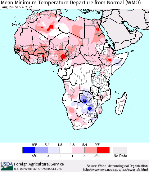 Africa Mean Minimum Temperature Departure from Normal (WMO) Thematic Map For 8/29/2022 - 9/4/2022