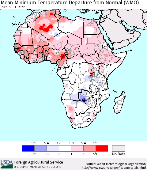 Africa Mean Minimum Temperature Departure from Normal (WMO) Thematic Map For 9/5/2022 - 9/11/2022