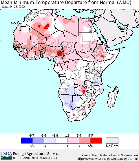 Africa Mean Minimum Temperature Departure from Normal (WMO) Thematic Map For 9/19/2022 - 9/25/2022