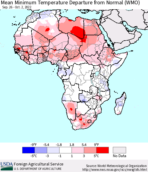 Africa Mean Minimum Temperature Departure from Normal (WMO) Thematic Map For 9/26/2022 - 10/2/2022