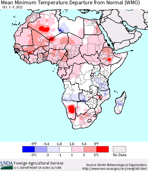 Africa Mean Minimum Temperature Departure from Normal (WMO) Thematic Map For 10/3/2022 - 10/9/2022
