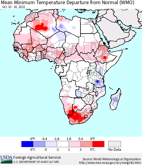 Africa Mean Minimum Temperature Departure from Normal (WMO) Thematic Map For 10/10/2022 - 10/16/2022
