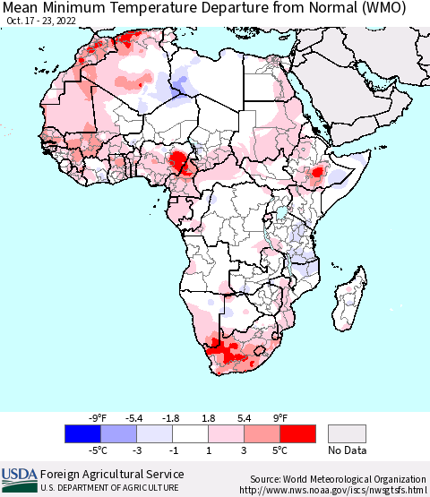 Africa Mean Minimum Temperature Departure from Normal (WMO) Thematic Map For 10/17/2022 - 10/23/2022