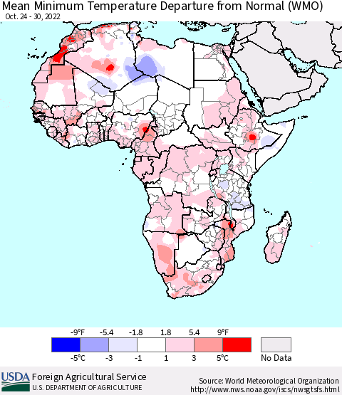 Africa Mean Minimum Temperature Departure from Normal (WMO) Thematic Map For 10/24/2022 - 10/30/2022