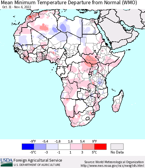 Africa Mean Minimum Temperature Departure from Normal (WMO) Thematic Map For 10/31/2022 - 11/6/2022