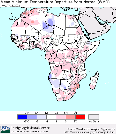 Africa Mean Minimum Temperature Departure from Normal (WMO) Thematic Map For 11/7/2022 - 11/13/2022
